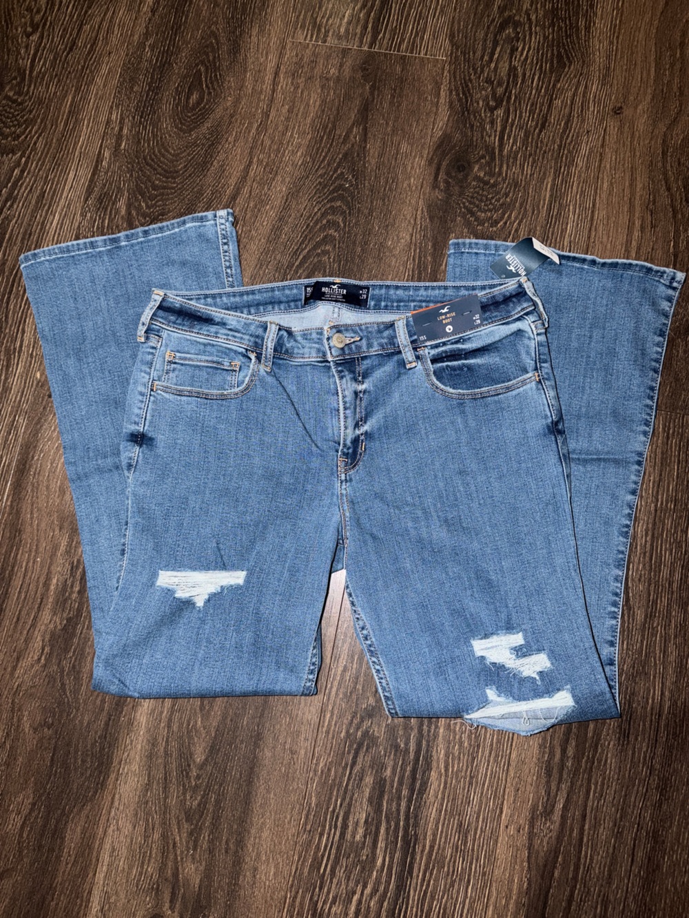 NWT Hollister Low Rise Boot Jeans 15S W32 L29 Light Wash Distressed Stretch